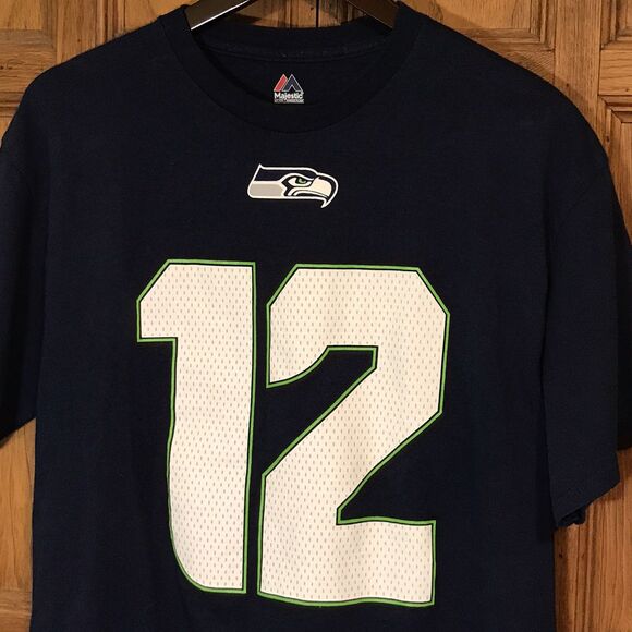 Seattle Seahawks NFL Navy Blue 12th Player FAN Adult Lg. Majestic Brand T Shirt - Picture 1 of 12
